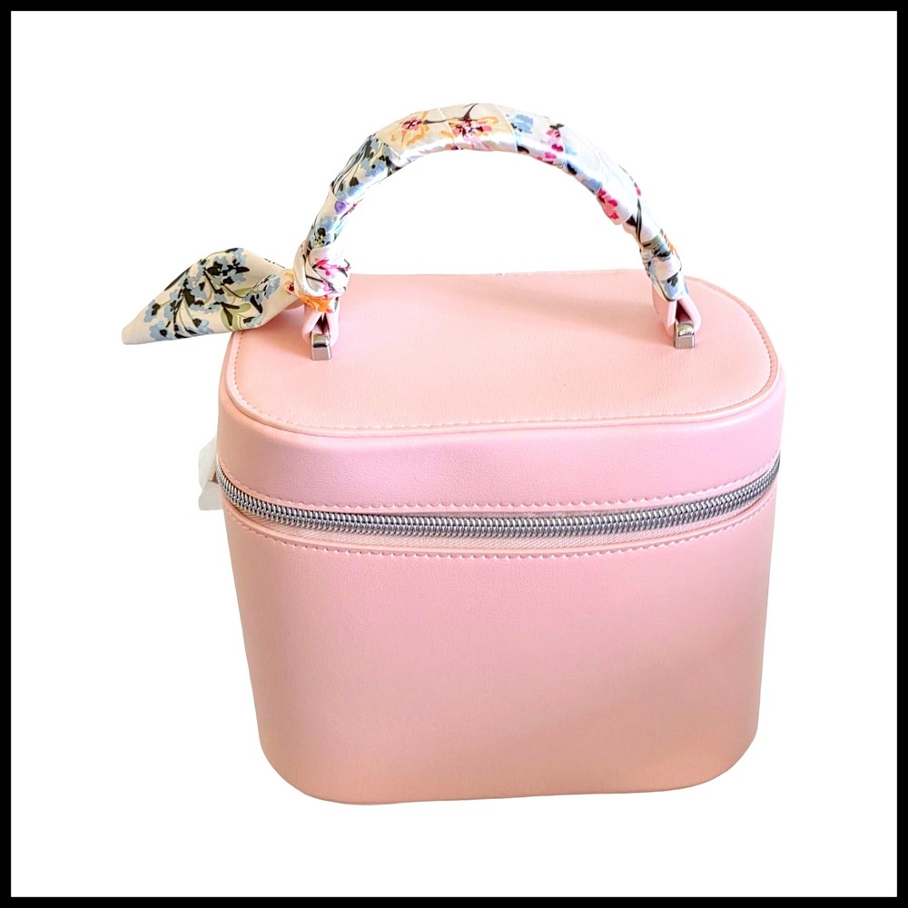 Bluemercury Pink Vegan Leather Vanity Train Case Floral Scarf Handle Travel Bag